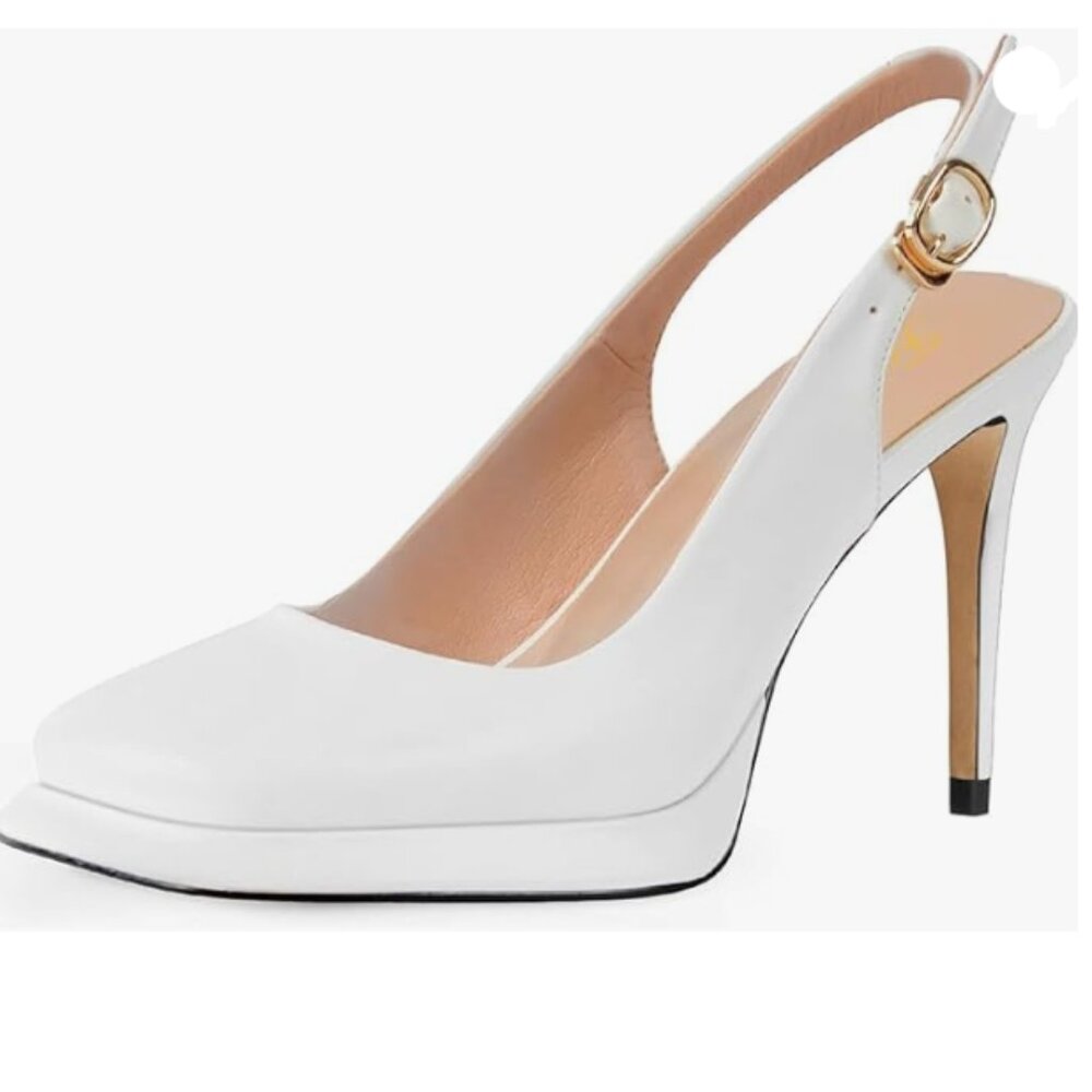 FOWT White Platform Closed Square Toe High Heels Buckle Up Slingbacks Pumps